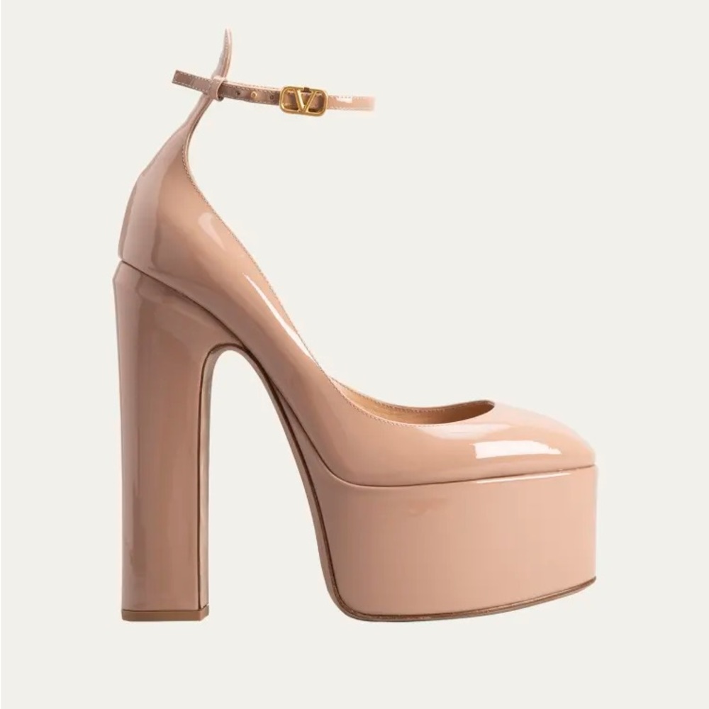 Valentino Garavani Rose Beige Patent Leather Ankle-Strap Platform Pumps size 36